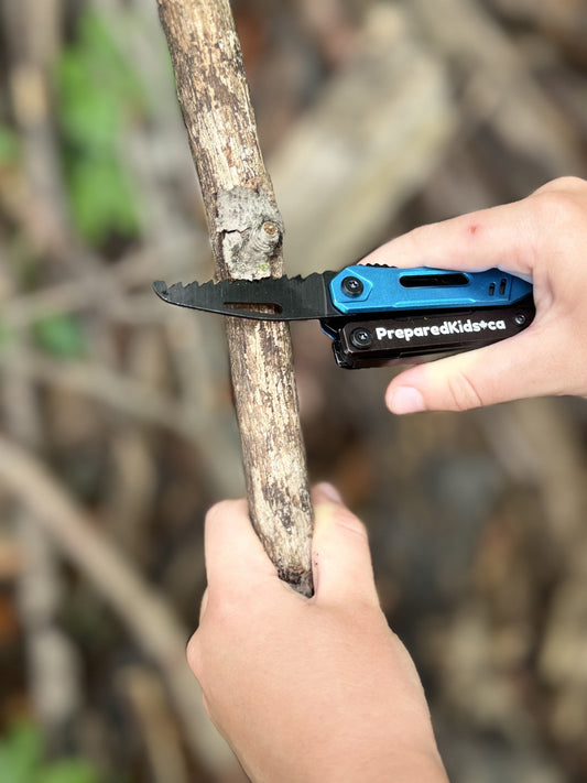 Prepared Kids emergency preparedness survival backpack kit child using multitool saw pocket knife making tinder scraping wood shavings