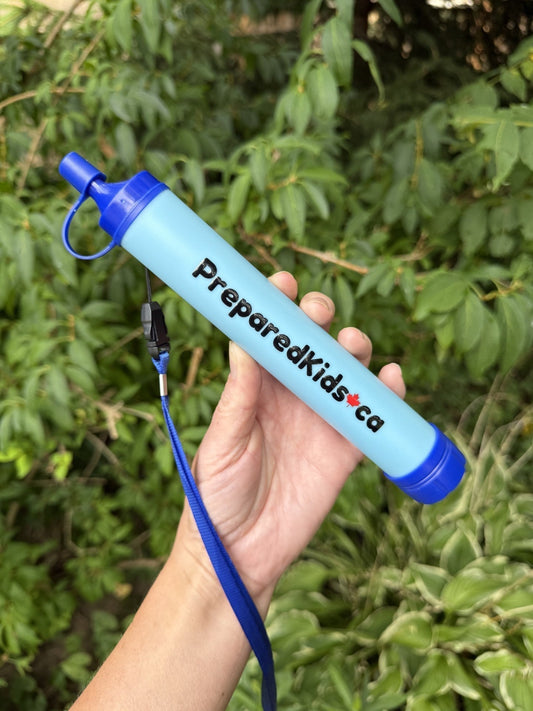 Prepared Kids emergency preparedness survival backpack kit child drinking using water filter straw dry bag safe water sources how to purify water safe to drink