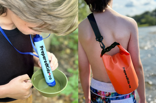 Prepared Kids emergency preparedness survival backpack kit child drinking using water filter straw dry bag safe water sources how to purify water safe to drink